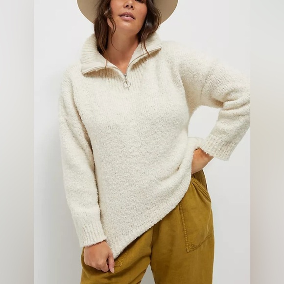 Rachel Zoe Cream Boucle Quarter Zip Sweater - Picture 1 of 5